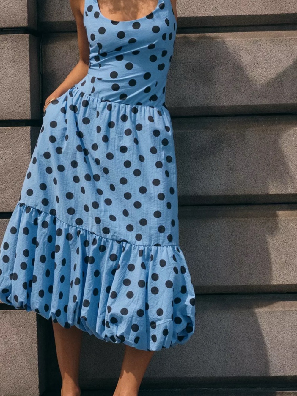 Maeve by Anthropologie Blue Midi Dress-Skirt with Black Polka Dots